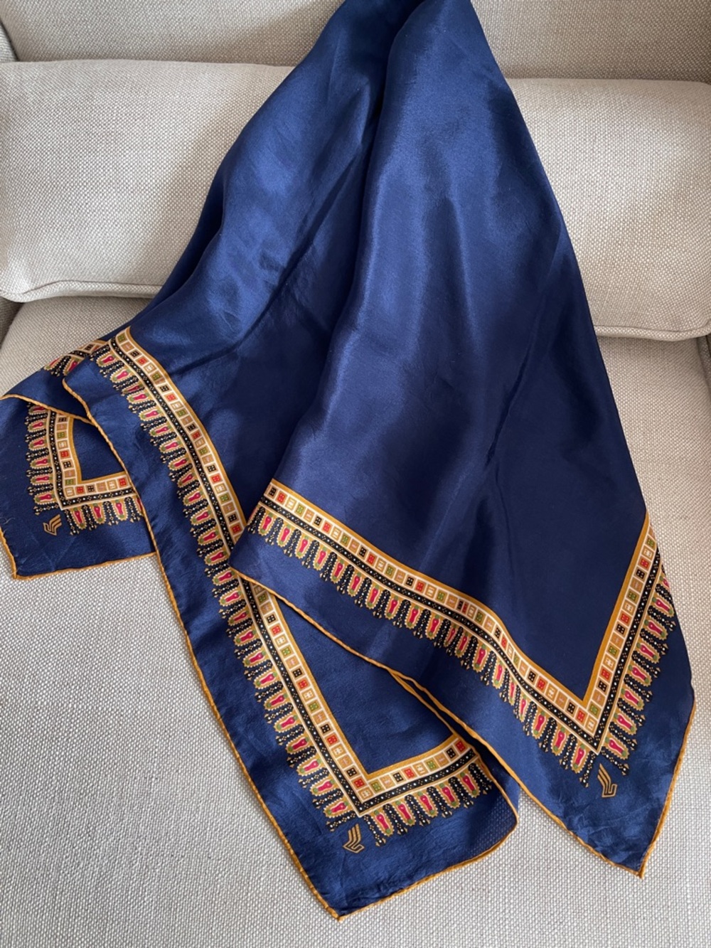 Vintage Navy Silk Scarf with Gold and Red Border